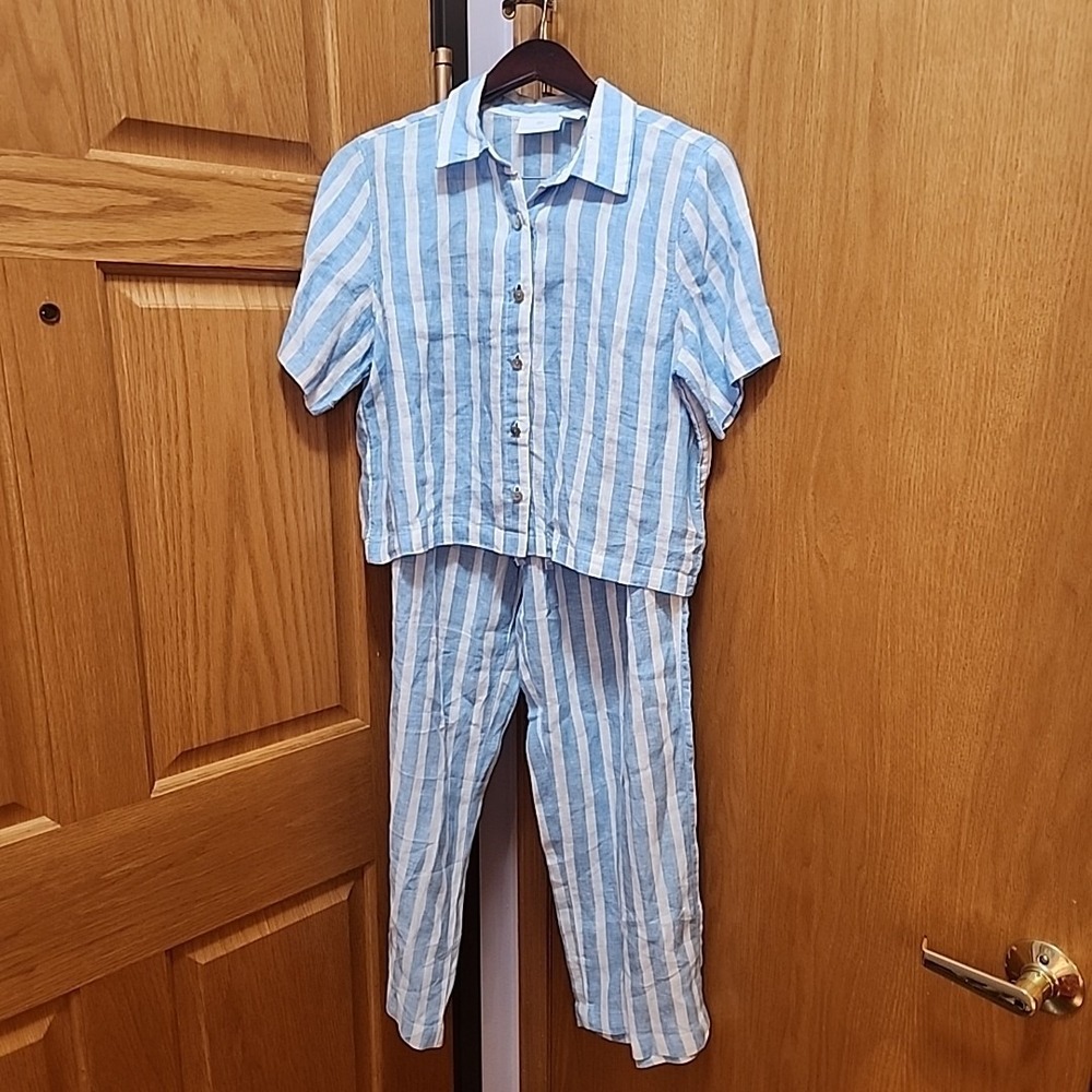 Cynthia Rowley Linen Button Up Shirt Sz M & Paired Pants Sz L Blue White Stripe